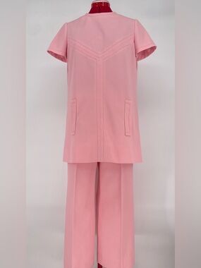 Mod 1960s Bubblegum Pink Topstitched Tunic Top & High Waisted Pants Coord Set